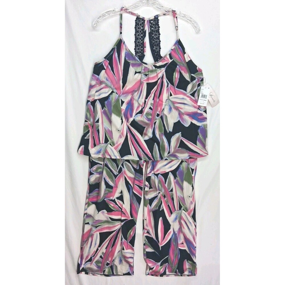 New Linea Donatella Womens Large Cropped Knit 2 Pc Pajamas Set Purple Floral